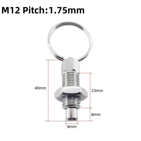 Four Pack Heavy Duty M12 Stainless Steel Spring Plunger With Pull Ring, detailed view of 40mm plunger with ring.