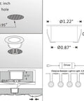 Diagram of Smart WiFi RGB Deck Lights Kit 30 Pack installation dimensions and wiring for outdoor patio and steps, low voltage 12V LED.