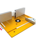 Heavy Duty Aluminum Router Table Insert Plate With Easy Mount Slide Brackets And Bullseye Miter Gauge Fence viewed from the front for precise cutting.