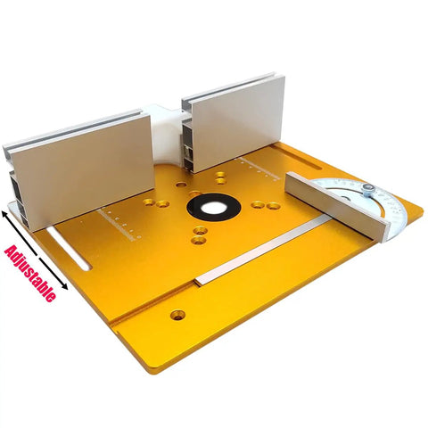 Heavy Duty Aluminum Router Table Insert Plate With Easy Mount Slide Brackets And Bullseye Miter Gauge Fence viewed from the front for precise cutting.