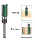 Heavy Duty Four Piece Flush Trim Router Bit Set With Top Bearing Quarter Inch Shank for slotting and trimming wood projects.