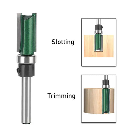 Heavy Duty Four Piece Flush Trim Router Bit Set With Top Bearing Quarter Inch Shank for slotting and trimming wood projects.