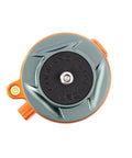 Precision Camera Leveling Base Featuring Smooth Rotating Bubble Level With One Quarter Twenty Screw Thread And Slide Sleeve Adapter top view showcasing metallic slate gray and orange accents.
