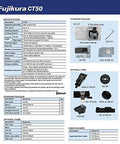 Fujikura CT50 specifications sheet detailing features, package contents, and optional items for Heavy Duty CT50 Fiber Optic Cleaver And High Precision Cutting Knife Tool.