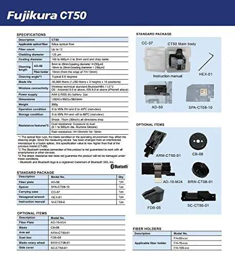 Fujikura CT50 specifications sheet detailing features, package contents, and optional items for Heavy Duty CT50 Fiber Optic Cleaver And High Precision Cutting Knife Tool.