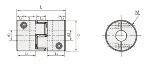 Technical drawing of Heavy Duty Aluminum Elastic Shaft Coupler Pumping Out Serious Torque with dimensions and side view.