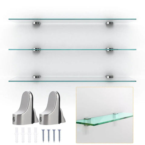 4 Pack Adjustable Floating Glass Shelf Brackets Zinc Alloy Clamp Mounts For Wall Shelves And Bookshelves, Smooth Finish