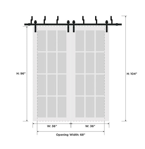 Heavy Duty Barn Bypass Sliding Closet Doors 72 By 96 Inches Frosted Glass with black hardware, showing dimensions and opening width.