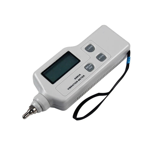Portable Vibration Meter AS63A Vibrometer For Acceleration Displacement And Velocity Measurements With Clear LCD Handheld Vibration Analyzer Built For Industrial Diagnostics And Machinery Maintenance Pro Grade Quality. Gray handheld vibrometer with wrist strap