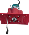 Hassle Free Router Lift System With 65 Mm Universal Table Insert Plate and Smooth Precision Height Adjustment built for rapid trimming tasks in bright red.