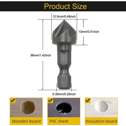 Three Pack Countersink Drill Bits With Six Flute Design And One Fourth Inch Hex Shank For Woodworking Burr Removal