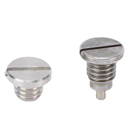 Upgrade Your Boating Game With This Super Durable Metal Drain Plug Kit For Mariner Outboard Engines, Perfect For Keeping Your Gearcase Fresh, Leak-Free And Ready To Cruise Without Any Messy Oil Fluid Issues During Routine Maintenance Today. two silver metal slotted drain plugs