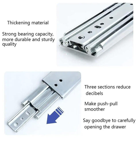 Heavy Duty Soft Close Drawer Slides With Secure Lock Ball Bearing Telescoping Runners For Cabinets And Toolboxes showing thickened metal construction.