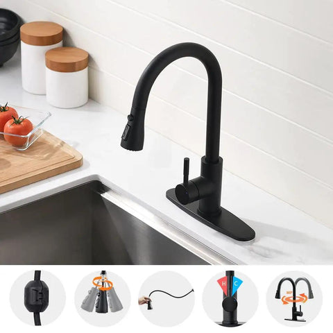 Matte Black Kitchen Faucet With Pull Down And Pull Out Sprayers, One Hole Deck Mount, Single Handle Stainless Steel Assembly