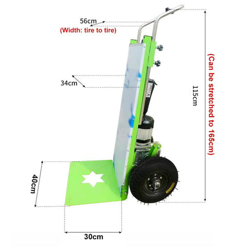 Super Awesome Heavy Duty Electric Stair Climber Cart showing dimensions, 115cm height, 40cm base, with 150Kg load capacity, for moving heavy stuff.