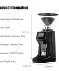 Premium 200 Watt Electric Flat Burr Coffee Grinder With 19 Adjustable Grinding Settings For Espresso Pour Over And Cold Brew Dope Flavor Extraction In A Sleek Black Housing Frame Ready To Roll shown with measurements and specs.