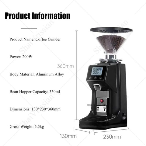 Premium 200 Watt Electric Flat Burr Coffee Grinder With 19 Adjustable Grinding Settings For Espresso Pour Over And Cold Brew Dope Flavor Extraction In A Sleek Black Housing Frame Ready To Roll shown with measurements and specs.
