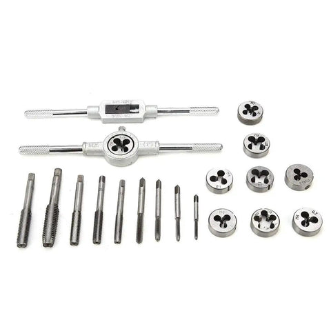 Top Notch 20 Piece Tap And Die Set M3 To M12 Alloy Steel Thread Cutting Tool Kit With Adjustable Wrenches For Automotive Repair, Machinery Build And Serious DIY Metalworking Projects, shown with taps, dies, and wrenches