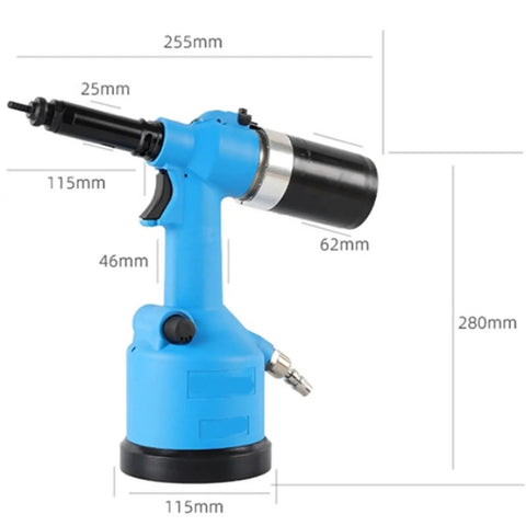 Heavy Duty Pneumatic Nail Gun And Air Riveter Featuring One Key Automatic Tensioning For Knockout Riveting Speed Built Like A Tank for job site use.