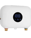 Electric Tankless Water Heater Serving Instant On Demand Hot Water Straight To Your Sink Wall Mounted Setup With Digital Temp Control, white.