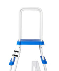5 Step A Frame Pool Ladder for Above Ground Pools with No Slip Treads and Inside Barrier White and Blue Easy Handrails Fits 48 to 52 Inch Side Walls Kid Safe Entry for Everyone Supports Up to 275 Lb Weight Capacity front view