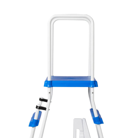 5 Step A Frame Pool Ladder for Above Ground Pools with No Slip Treads and Inside Barrier White and Blue Easy Handrails Fits 48 to 52 Inch Side Walls Kid Safe Entry for Everyone Supports Up to 275 Lb Weight Capacity front view