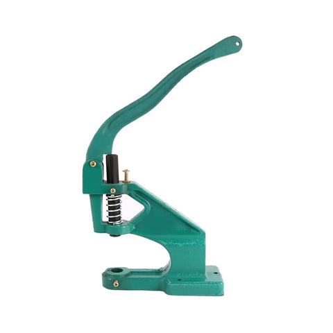 Side view of green Grommet Eyelet Hand Press Tool With Interchangeable Dies, Portable Manual Banner Punch for various fabric projects.