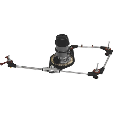 Pantograph Pro Router Jig For Custom Signs And Template Routing With TurnLock Base Plate shown with metal rods and adjustable arms.