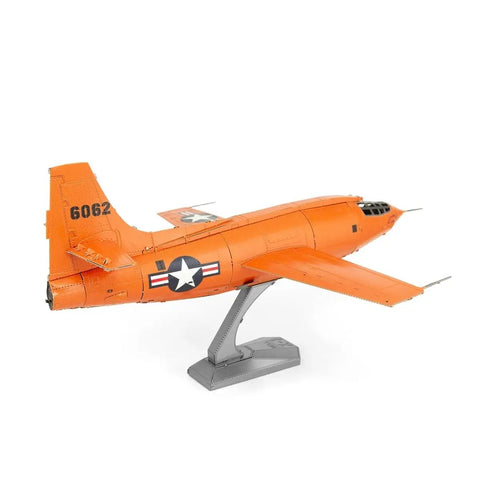 Bell X-1 3D Metal Model Kit For Hobbyists Unassembled No Glue Required Easy Clip Parts With Tweezers Ideal For Ages 14 And Up Fascinations Edition Great For Display And Collecting As A DIY Aerospace Gift, shown in complete form on a stand.
