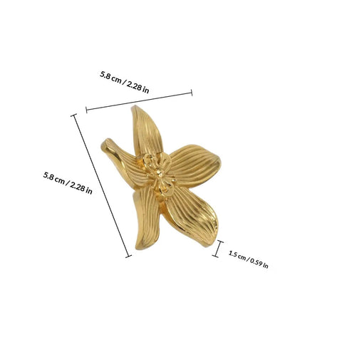 Brushed Brass Five-Leaf Flower Cabinet Knob And Dresser Pull For Wardrobe Drawers, Vintage Furniture Hardware, dimensions shown.