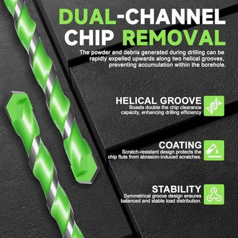 Two green carbide-tipped masonry drill bits with hex shanks on a black background