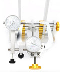 Close-up of Beefed Up Bicycle Wheel Truing Stand With CNC Adjustment Nut And Three Precision Gauges showing front precision gauges.