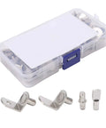113 Piece Shelf Pins Kit With Four Styles L Shaped And Cylindrical Plated Pegs 5mm Hole shown in a clear plastic box