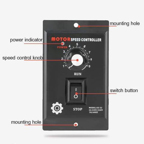 Front view of 400W AC 220V Motor Speed Controller Regulator with Forward and Backward Drive, showing controls and mounting holes.
