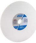 Top Shelf 6 Inch White Aluminum Oxide Grinding Wheel For Bench And Pedestal Grinders Fine Grit Smooth Cut Fast Burr Removal And No Sweat Tool Sharpening Heavy Duty Workhorse Solid Deal Pack Of One, showing a smooth white 8x1 inch grinding wheel.