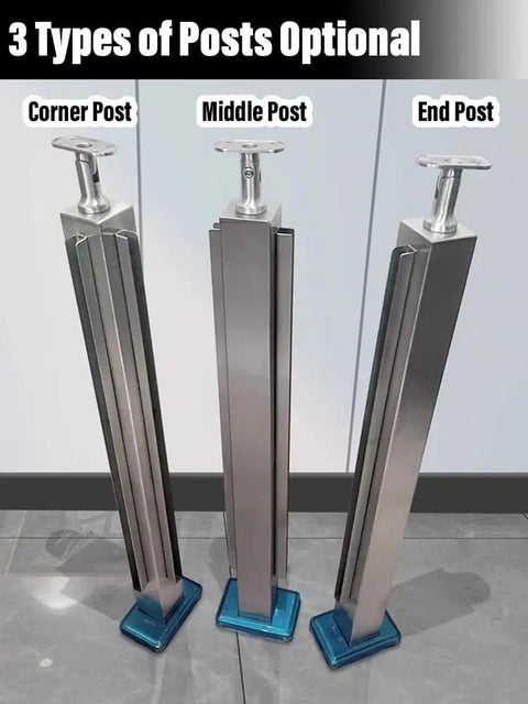 Hella Sturdy Gold Stainless Steel Deck Railing Posts For 10Mm To 12Mm Glass Panels Chef Kiss Finish, display of corner, middle, and end posts.
