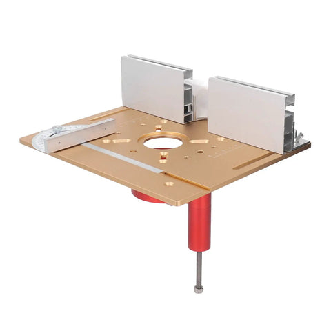 Built Tough Aluminum Router Table Insert Plate With Stainless Steel Lift Base No Bull Setup Killer Accuracy For Small Trimmers, gold finish and rigid design.