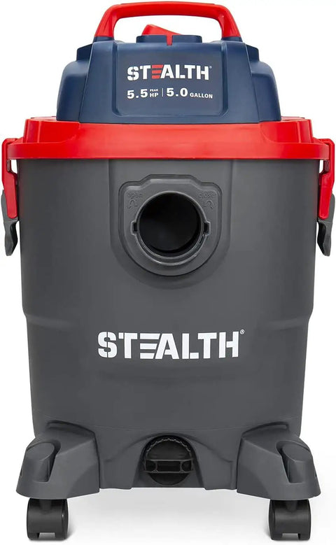 Front view of Beast 5.5 Peak HP Wet And Dry Shop Vacuum with 5 gallon tank and blower drain port, ideal for home garage use