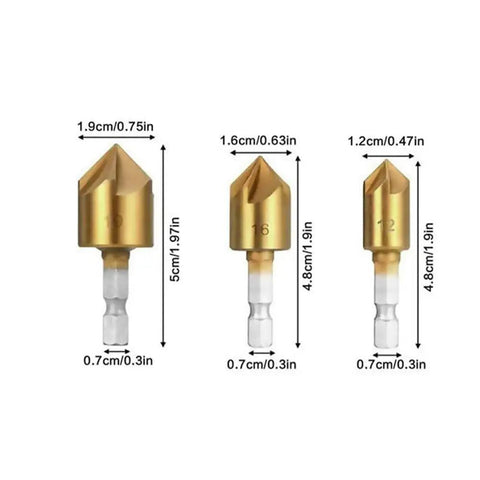 Three Piece Countersink Drill Bit Set 12 16 19 Mm With Hex Shank Pro Grade Titanium Coated High Speed Steel For Woodworking
