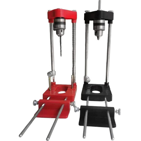 Pro Grade Drill Guide Woodworking Locator Kit showing two adjustable drill guides in red and black for DIY woodworking projects.