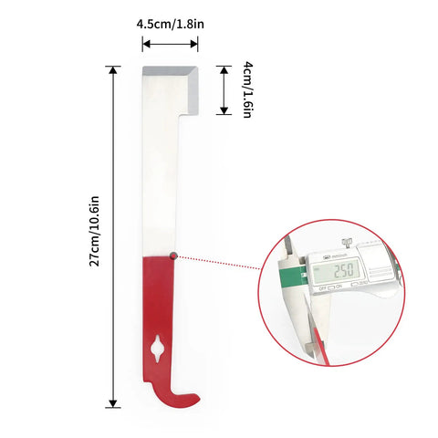 2 Pack Stainless Steel J Hook Hive Tools For Beekeeping, 10.6 inch red handle J shaped beekeeping tool with measurements shown