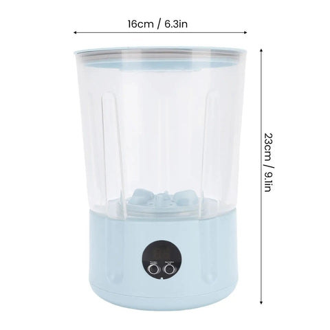Rechargeable Cordless Mini Portable Washer With Turbo Water Tech Cleans Delicates Undies Socks And Towels With Gentle Kneading Action Dual Batteries, light blue, measures 16cm by 23cm.