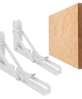 Built Tough Stainless Steel Foldable Wall Shelf Brackets, Rock Solid 90 Degree Triangular Support, two white metal brackets with wooden shelf