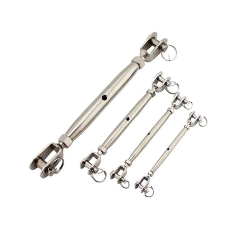 Top Shelf 304 Stainless Steel Marine Turnbuckle Jaws Swivel Rigging Screws for yacht rigging, shown in various sizes.