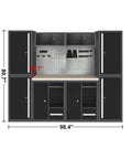 Heavy Duty Garage Storage Cabinet System With Elevated Tool Cabinets And Wooden Workbench with dimensions 98.4" x 80.7" in black steel.