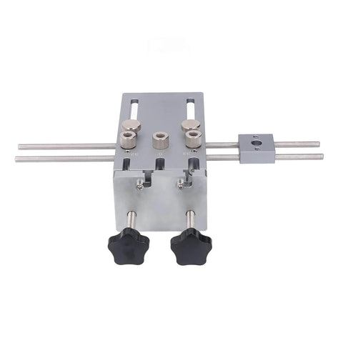 Image of Self Centering Dowel Jig For Precision Woodworking Quick Release Dowel Guide Tool For Accurate Drilling Of Straight Holes Biscuit Joiner Set With 3 In 1 Panel Assemblies And 600mm Extended Positioning Rod, showing metal construction with dual knobs and rods.
