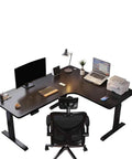 L Shaped Electric Height Adjustable Standing Corner Desk Ergonomic Sit Stand Computer Table For Home Office with dual monitors.