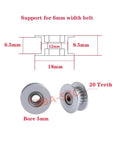GT2 Idler Pulley 20 Teeth 5mm Bore 6mm Wide Aluminum For 3D Printer Timing Belt System, side and front view with dimensions diagram