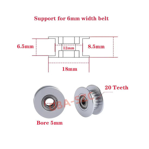 GT2 Idler Pulley 20 Teeth 5mm Bore 6mm Wide Aluminum For 3D Printer Timing Belt System, side and front view with dimensions diagram