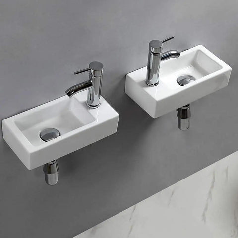 Wall Hung Cloakroom Basin Sink Small Rectangle Ceramic Wash Basin White High Gloss Finish Right Hand Tap Hole Slick Modern Wall Mounted Bathroom Sink For Powder Rooms Compact 365mm 185mm 90mm